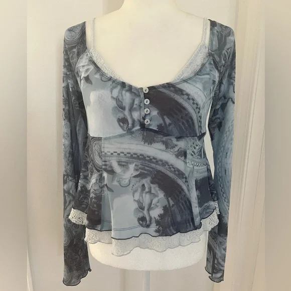 Y2K Silence + Noise Urban Outfitters Daphne Cold-Shoulder Top in Blue Sz L *A5 - Picture 2 of 5